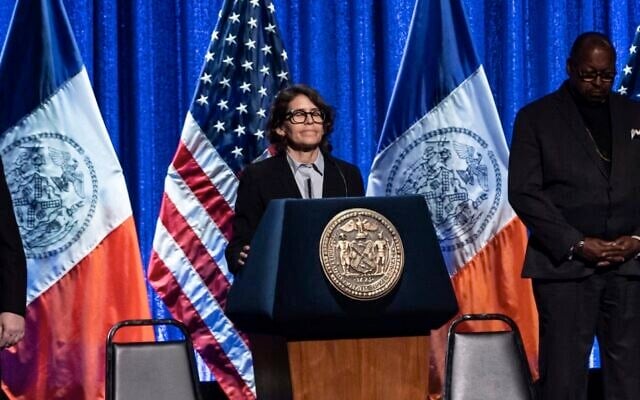Rabbi Rachel Timoner delivers an invocation before Mayor Eric Adams delivers State of the City address at Kings Theatre in Brooklyn, New York, April 26, 2022. (Lev Radin/Pacific Press/LightRocket via Getty Images via JTA)